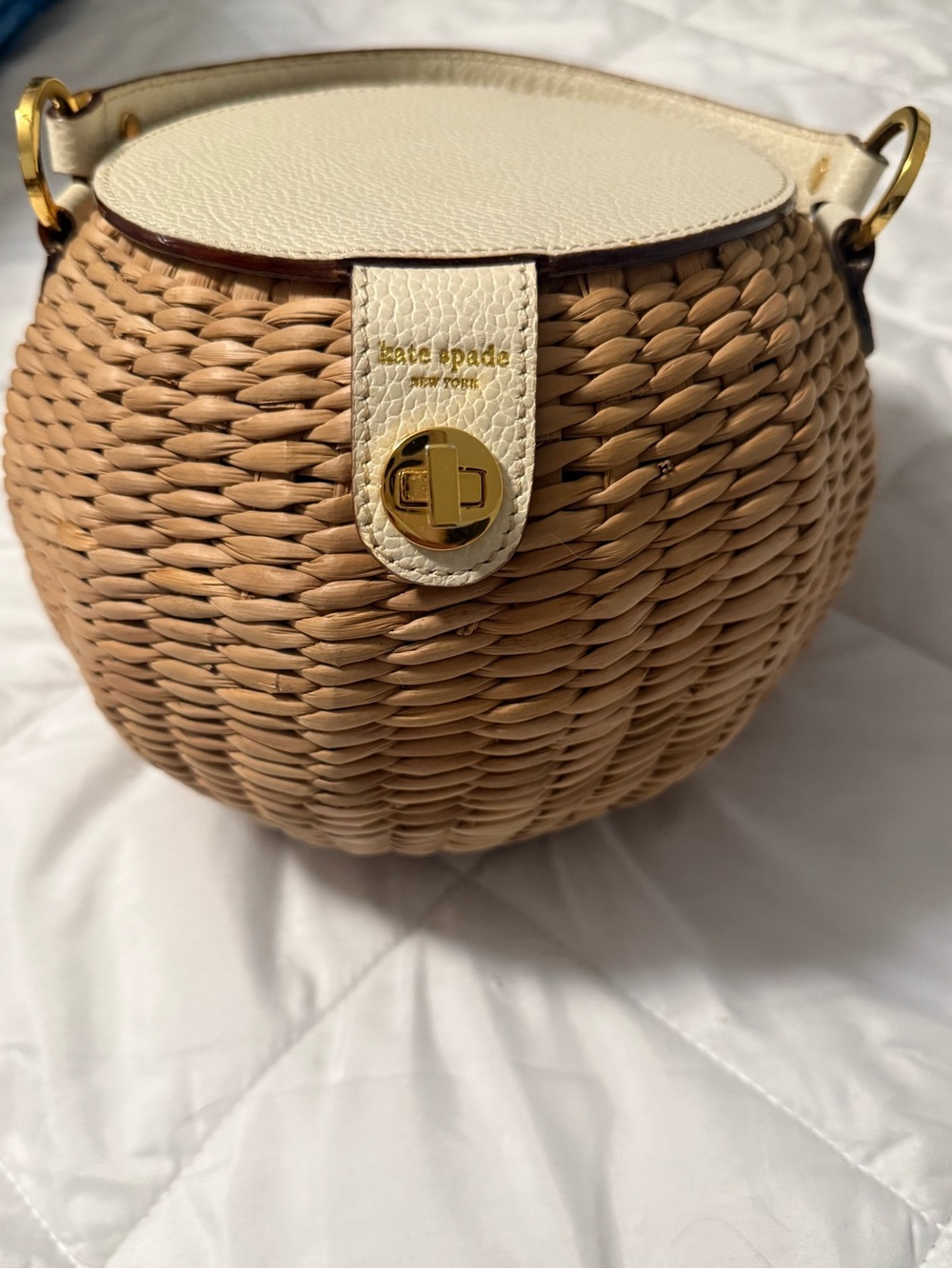 Kate Spade Woven Round Satchel in Tan and Cream with Gold Hardware - like new!